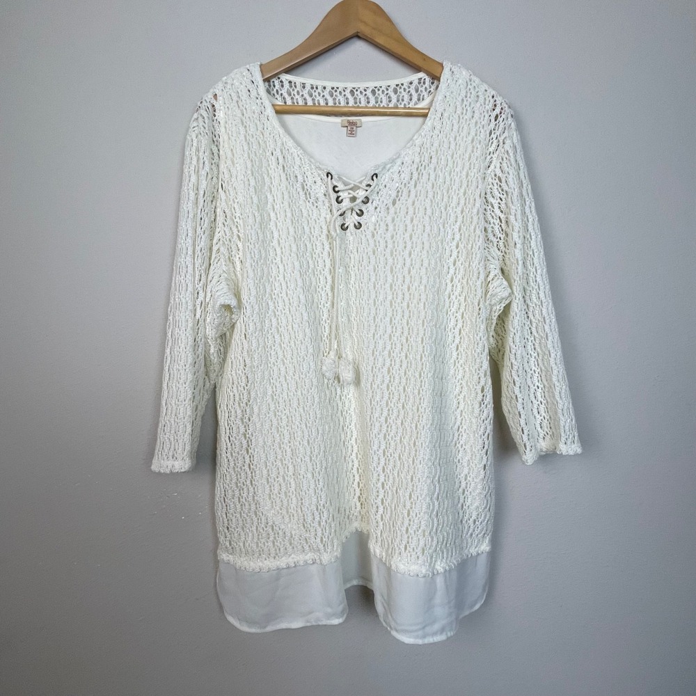Reba Woman Crochet Tunic‎ Top Cream White Lace Up V Neck 3/4 Sleeve Plus Size 2X